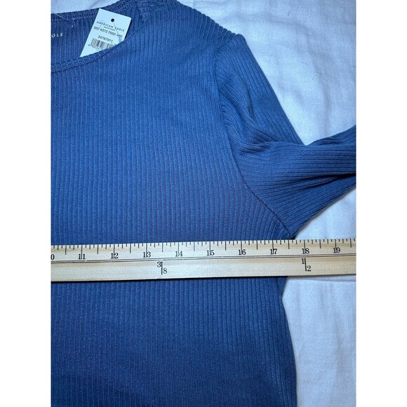 AMERICAN EAGLE Lettuce Cut Ribbed Crop Long Sleeve Blue Shirt Women's LARGE NWT - Picture 9 of 11
